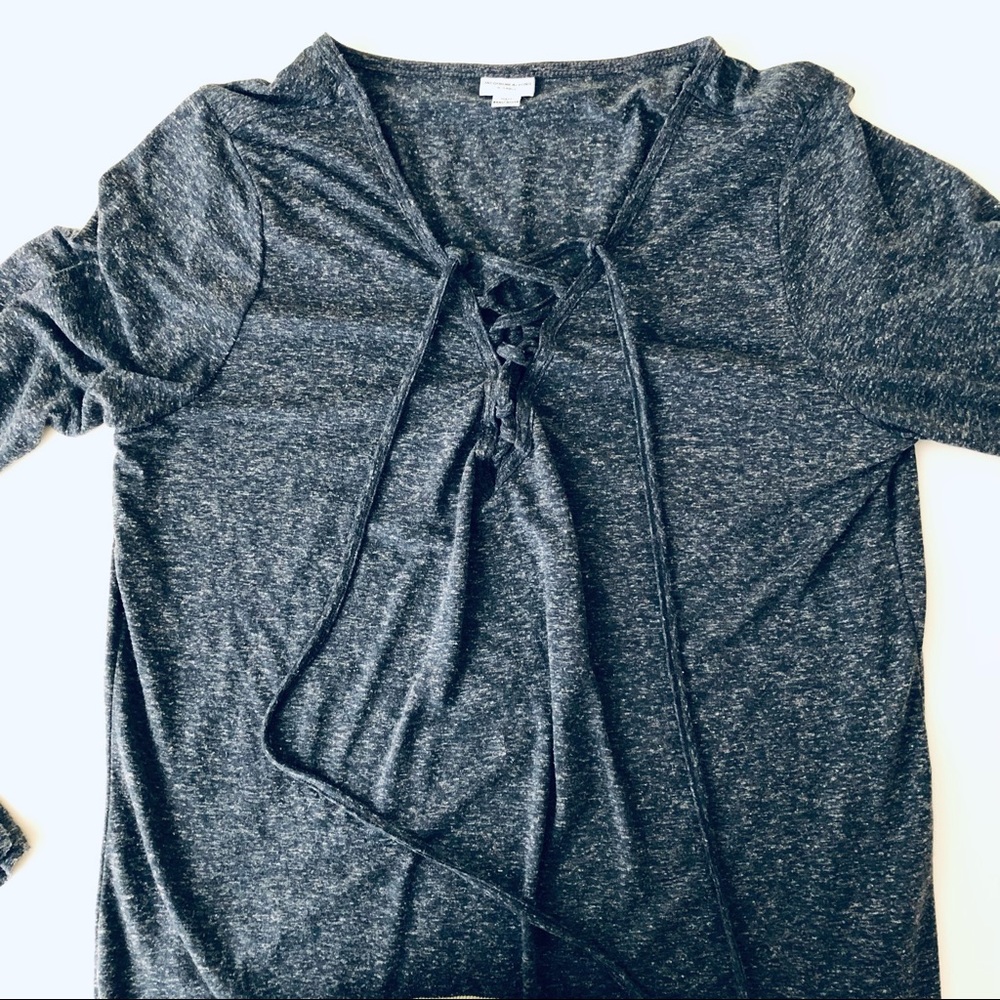 Grey Blue Long Sleeve Criss Cross V-neck Hallow Out T-Shirt Top Size XL